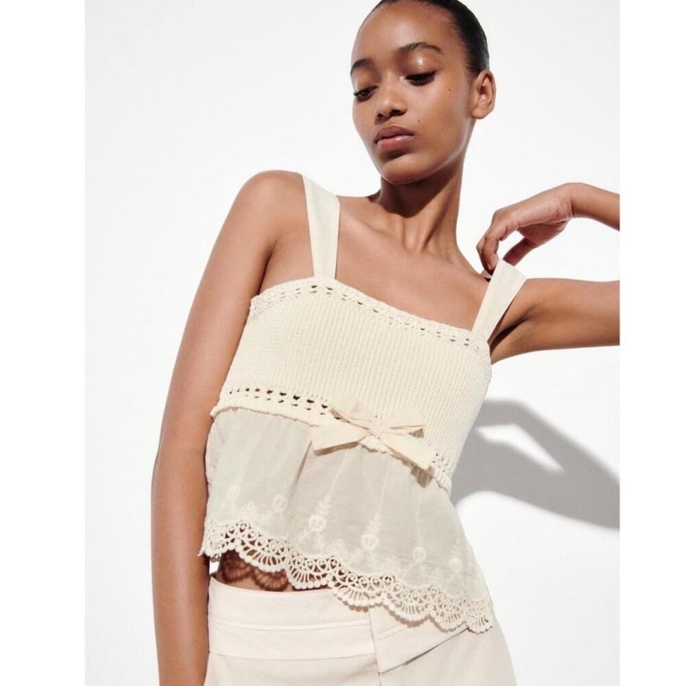 Zara Crochet Cropped Peplum Baby Doll Tank Top Cream White Size Medium